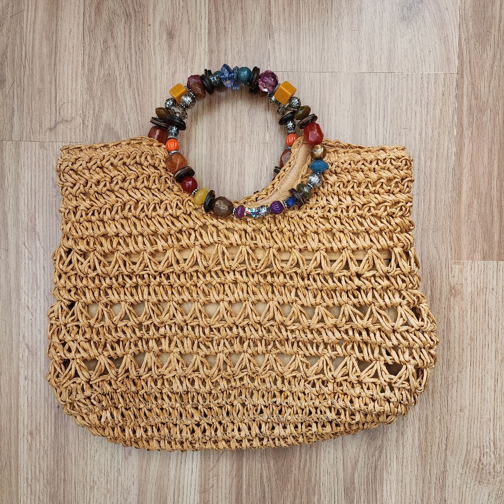 Women's Crochet Cappelli Straw Summer Bag with Beaded Handle